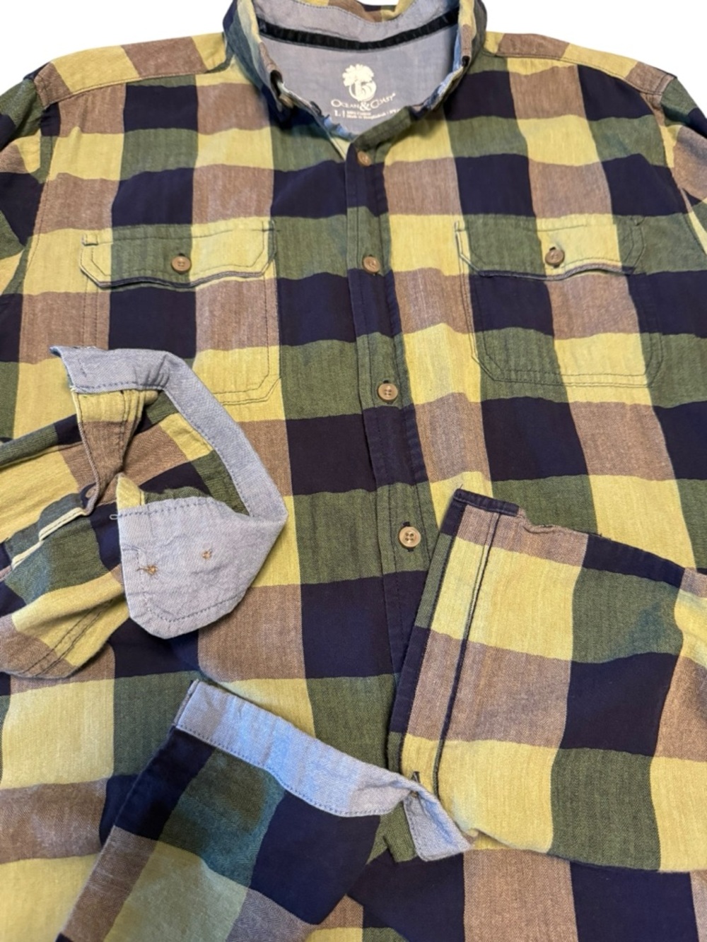 Ocean & Coast Men's Green & Blue Plaid Button-Down Shirt Pockets Chambray